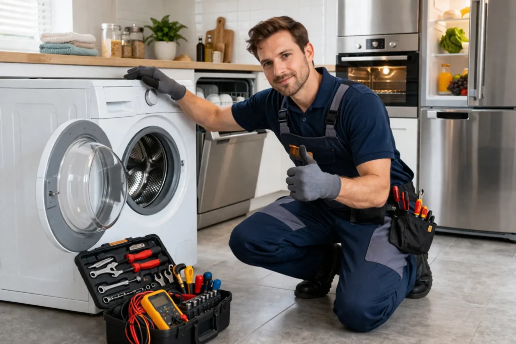 Monteur voert witgoed reparatie uit in Den Haag bij storing van wasmachine in keuken