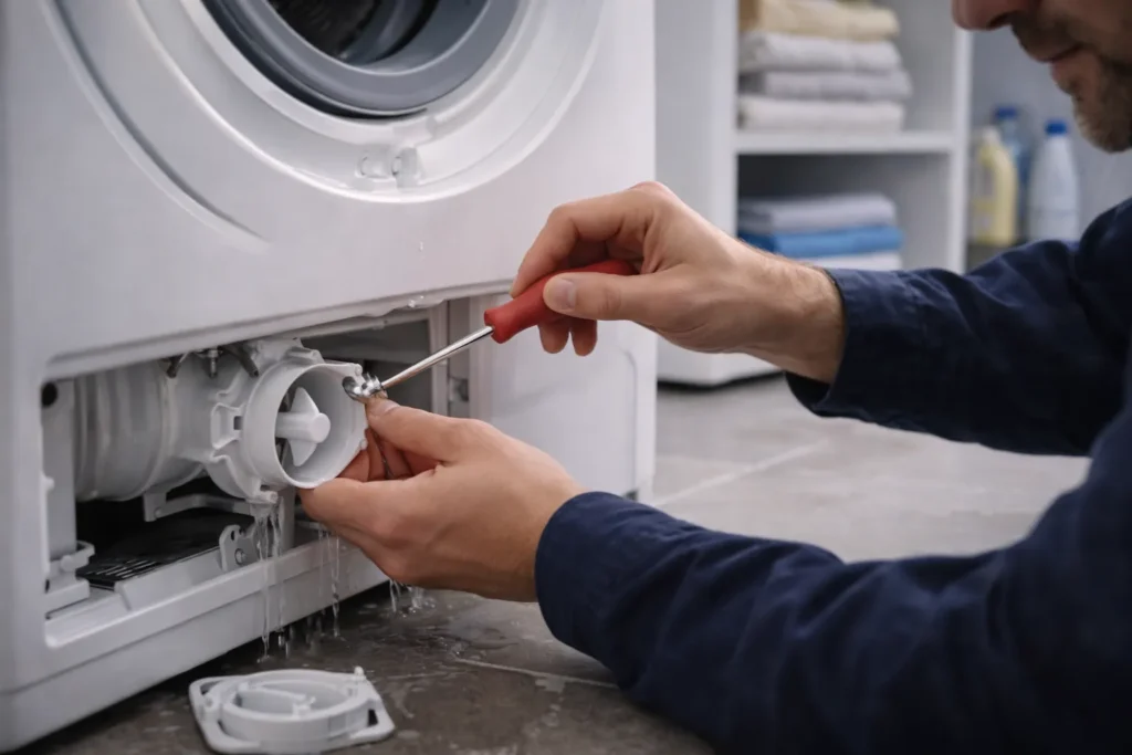 Monteur repareert afvoerpomp van wasmachine met lekkage in wasruimte