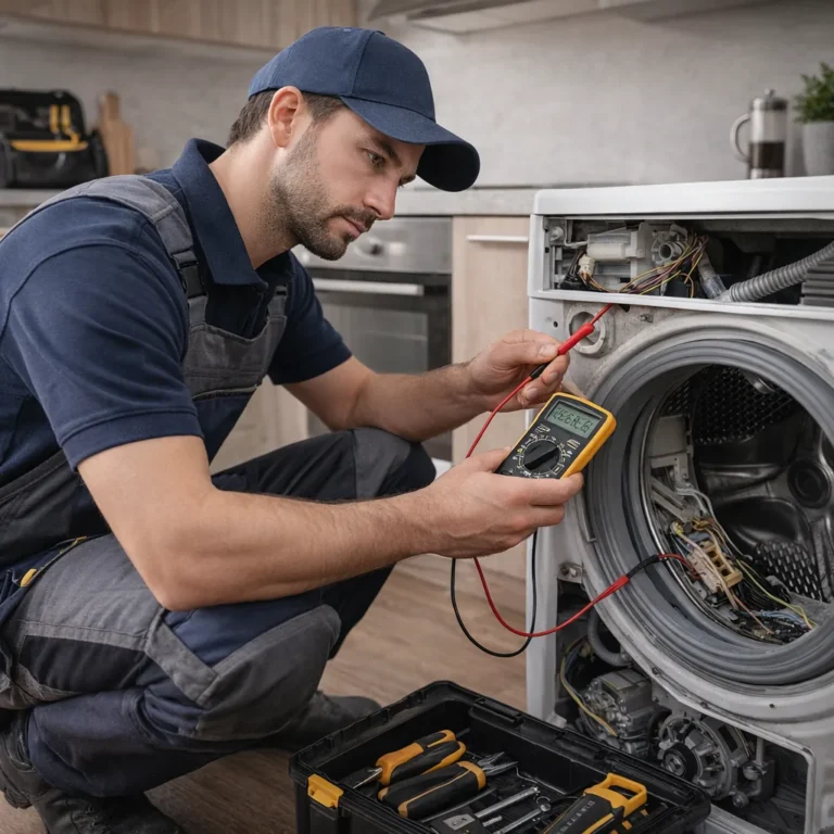 Monteur voert witgoed reparatie Den Haag uit aan een wasmachine in een moderne keuken