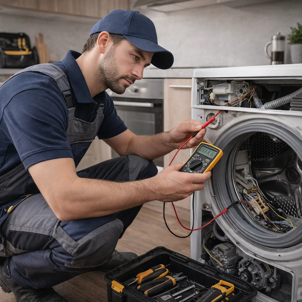 Monteur voert witgoed reparatie Den Haag uit aan een wasmachine in een moderne keuken