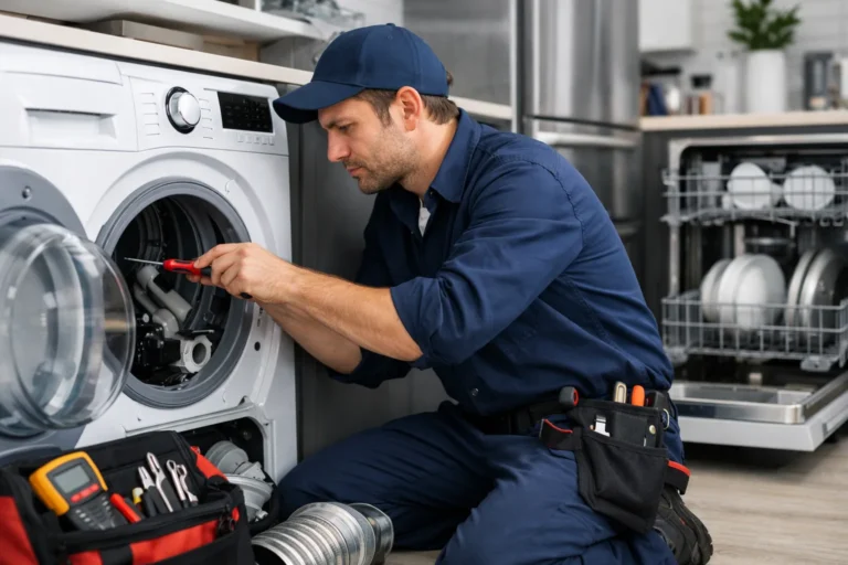 Monteur voert witgoed reparatie uit aan een wasmachine in een moderne keuken in Den Haag
