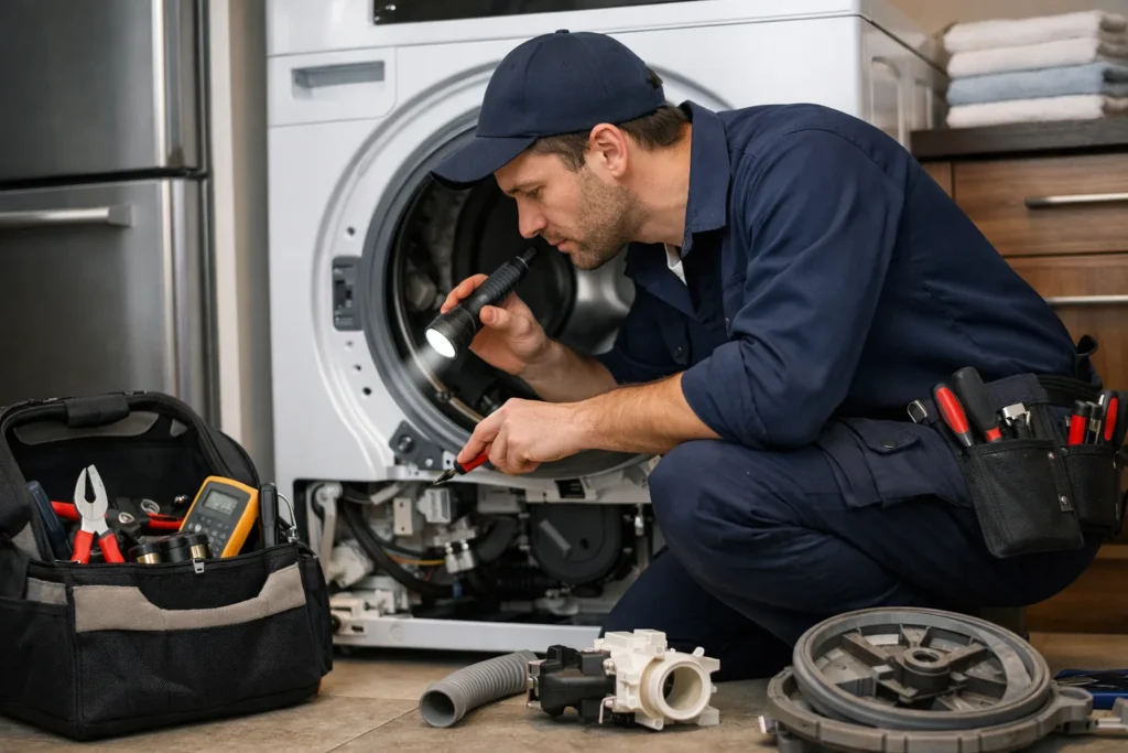 Monteur voert witgoed reparatie Den Haag uit aan een wasmachine in een moderne woning