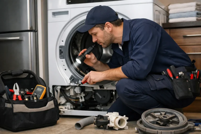 Monteur voert witgoed reparatie Den Haag uit aan een wasmachine in een moderne woning