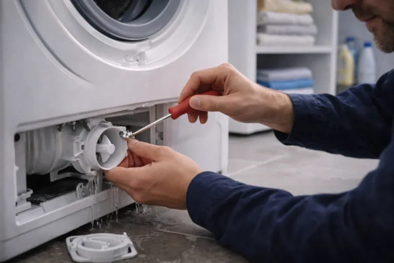 Monteur repareert afvoerpomp van wasmachine met lekkage in wasruimte