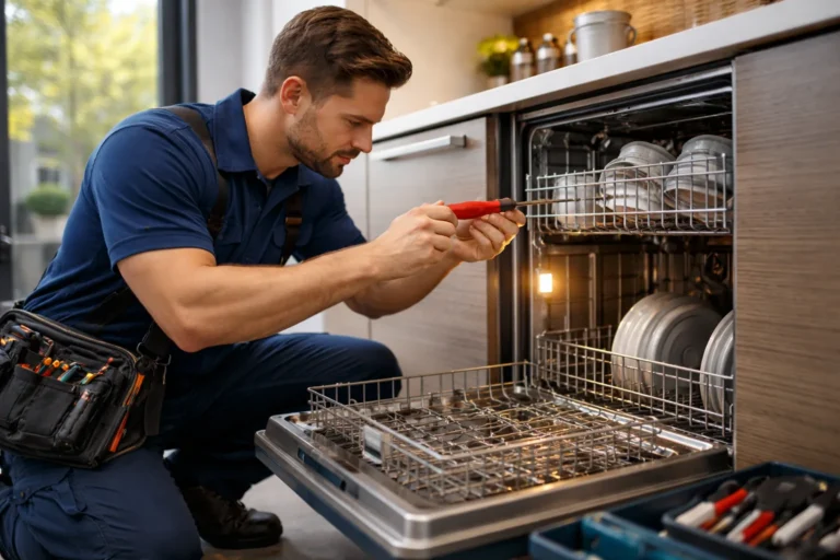Monteur voert vaatwasser reparatie uit in een moderne keuken in Den Haag