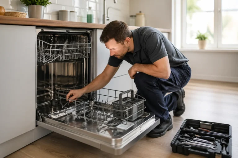 Monteur repareert vaatwasser in moderne keuken voor vaatwasser reparatie Den Haag