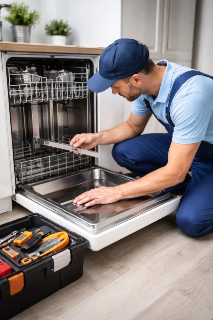 Monteur voert vaatwasser reparatie Den Haag uit in moderne keuken