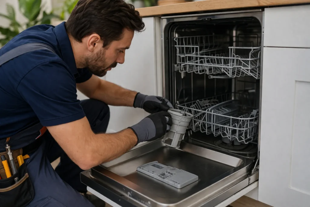 Monteur voert vaatwasser reparatie Den Haag uit aan een open vaatwasser in een moderne keuken