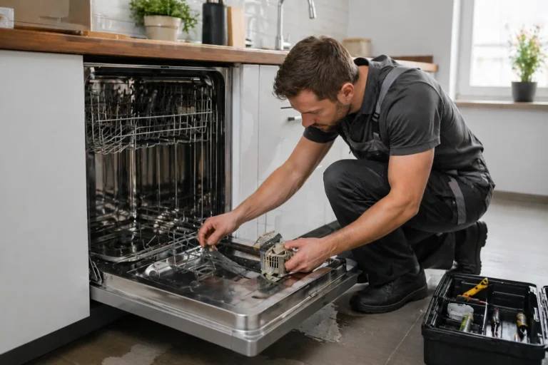 Monteur controleert lekkende vaatwasser voor vaatwasser reparatie Den Haag