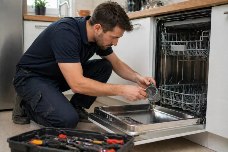 Monteur voert vaatwasser reparatie Den Haag uit aan een open vaatwasser in een moderne keuken