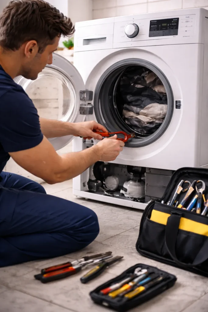 Monteur voert wasmachine reparatie in Den Haag uit aan een open wasmachine met storing