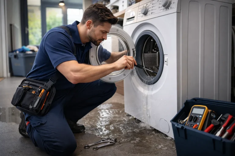 Monteur voert wasmachine reparatie uit bij een lekkende wasmachine in Den Haag