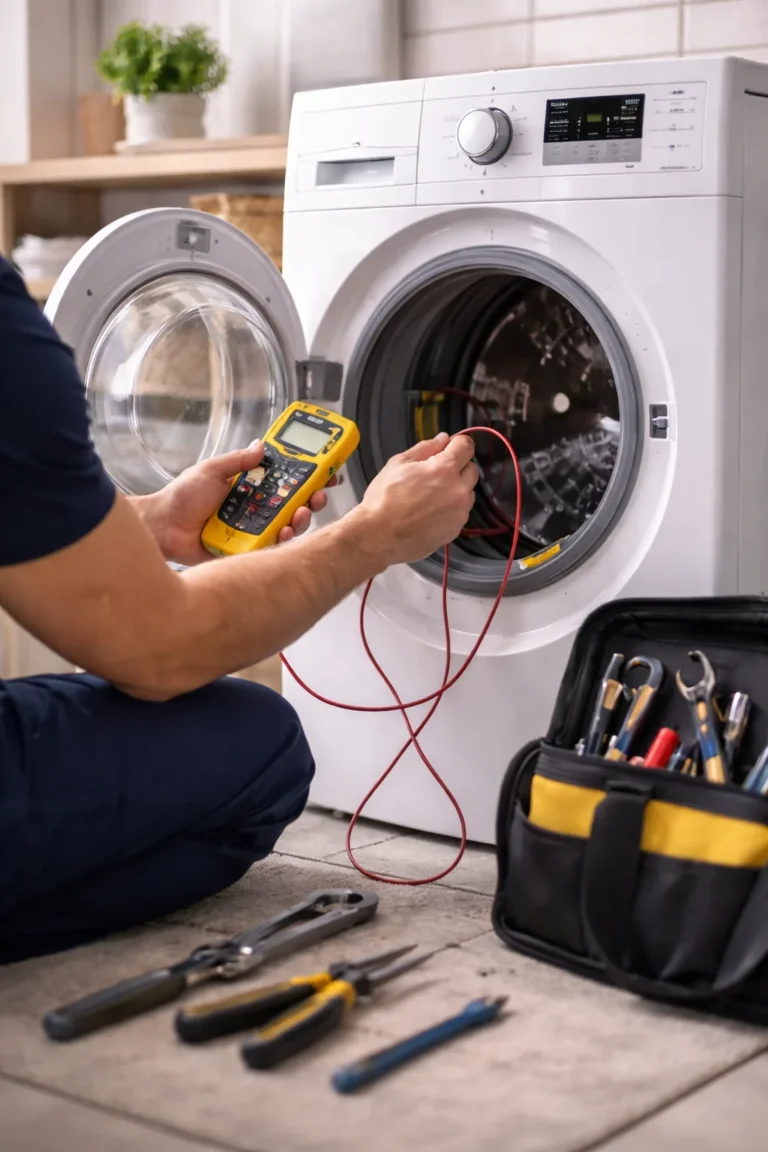 Monteur voert wasmachine reparatie in Den Haag uit bij storing aan een moderne wasmachine