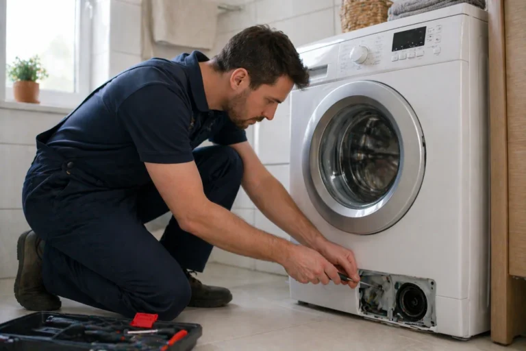 Monteur voert wasmachine reparatie Den Haag uit aan een wasmachine in huis