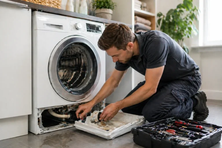 Monteur repareert wasmachine voor wasmachine reparatie Den Haag