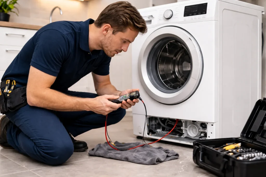 Monteur voert wasmachine reparatie Den Haag uit bij foutcodes en waterverlies