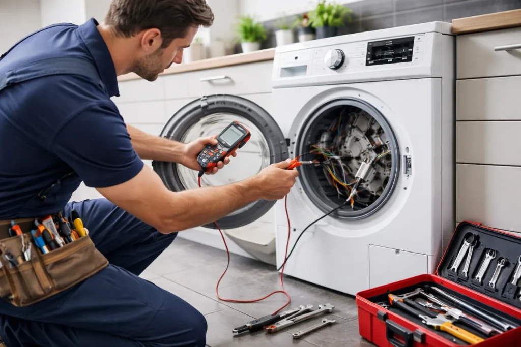Monteur voert witgoed reparatie Den Haag uit aan een wasmachine bij de klant aan huis