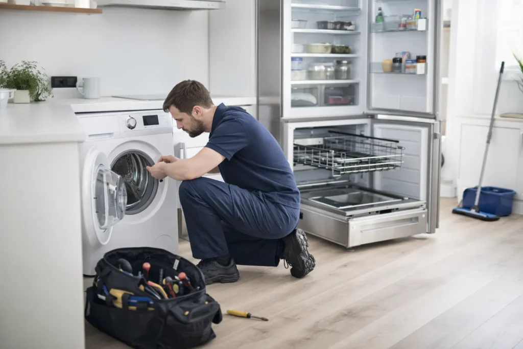 Monteur voert witgoed reparatie Den Haag uit aan een wasmachine in een moderne keuken