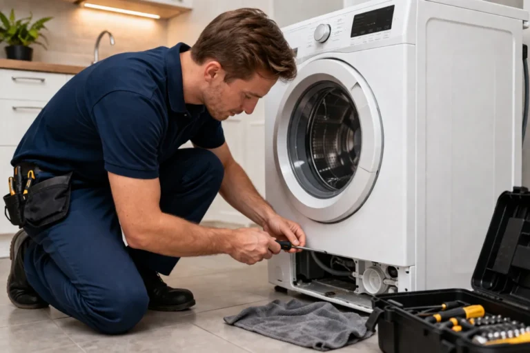 Monteur voert witgoed reparatie Den Haag uit aan een wasmachine in huis