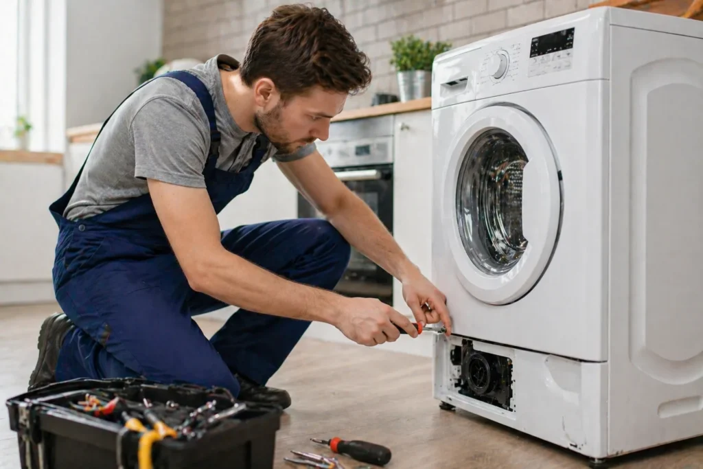 Monteur voert witgoed reparatie Den Haag uit aan wasmachine