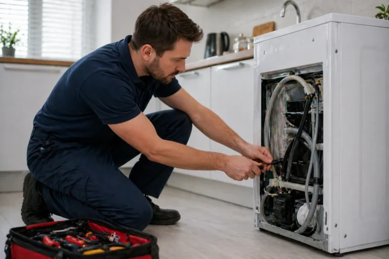 Monteur voert witgoed reparatie Den Haag uit aan een apparaat in een moderne keuken