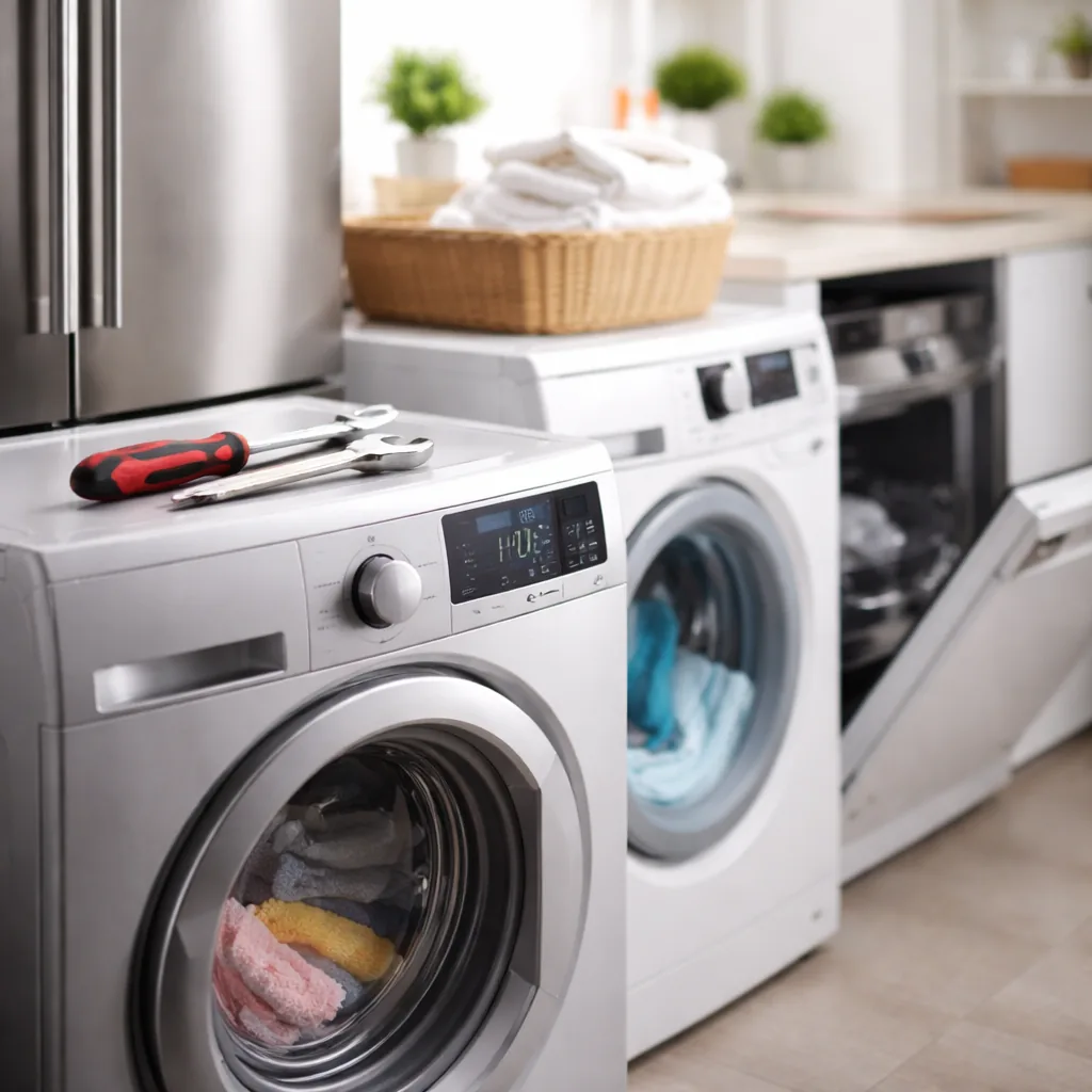 Witgoed reparatie Den Haag in moderne wasruimte met wasmachine, koelkast en vaatwasser