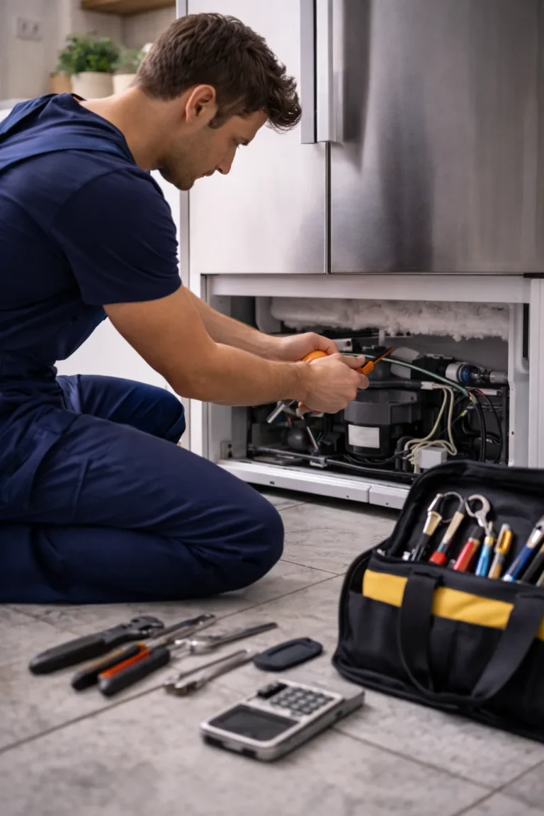 Monteur voert witgoed reparatie in Den Haag aan huis uit aan een koelkast