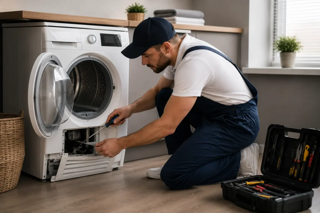 Monteur voert droger reparatie den haag uit in moderne wasruimte