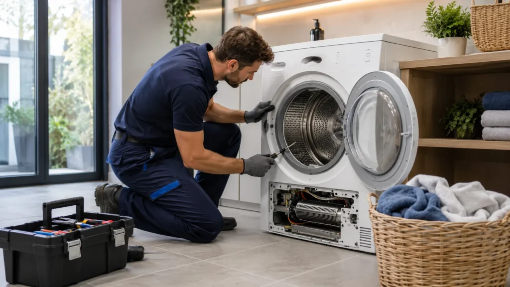 Monteur voert droger reparatie in Den Haag uit in een moderne wasruimte