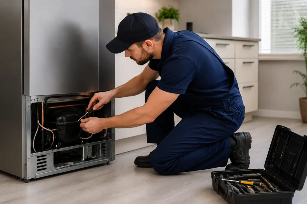 Monteur voert koelkast reparatie den haag uit in moderne keuken