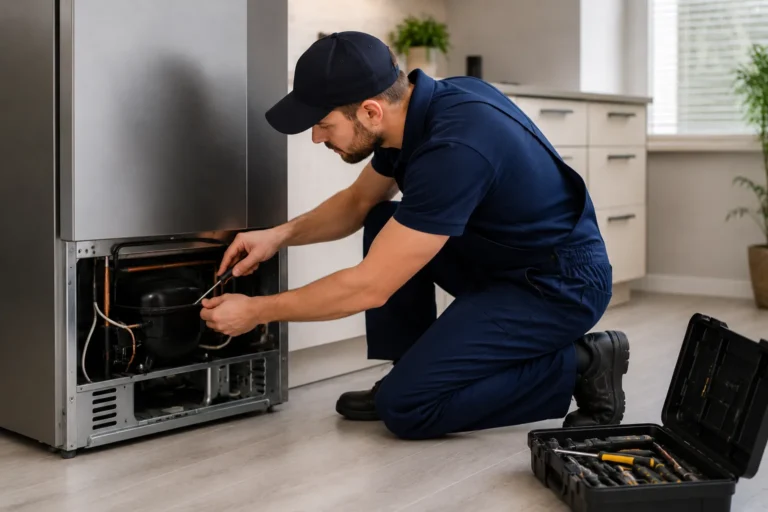 Monteur voert koelkast reparatie den haag uit in moderne keuken