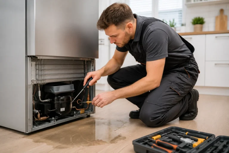 Monteur repareert een koelkast met lekkage in een moderne keuken