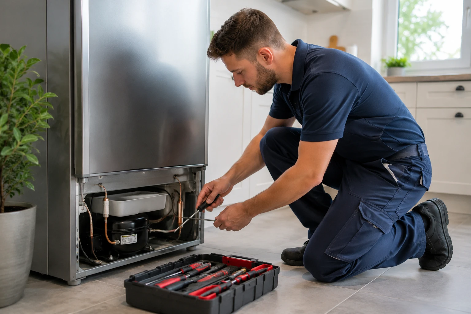 Monteur voert koelkast reparatie uit aan huis