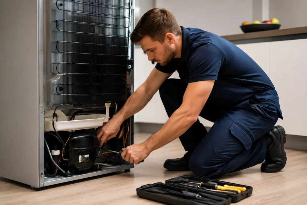 Monteur voert koelkast reparatie in Den Haag uit in een moderne keuken