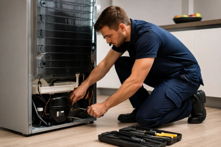 Monteur voert koelkast reparatie in Den Haag uit in een moderne keuken