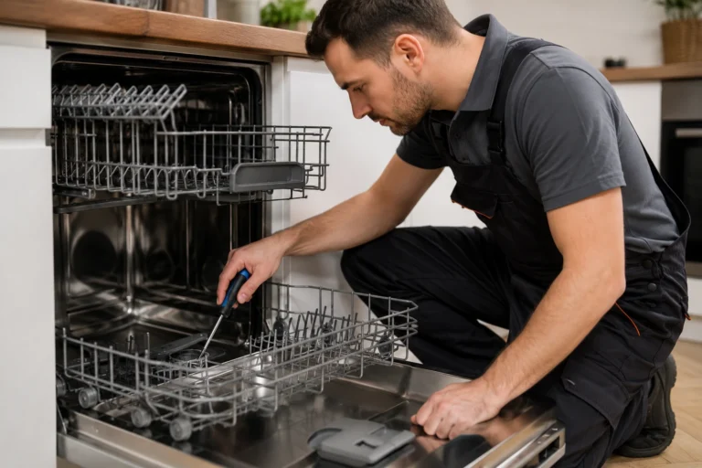 Monteur repareert een ingebouwde vaatwasser in een moderne keuken