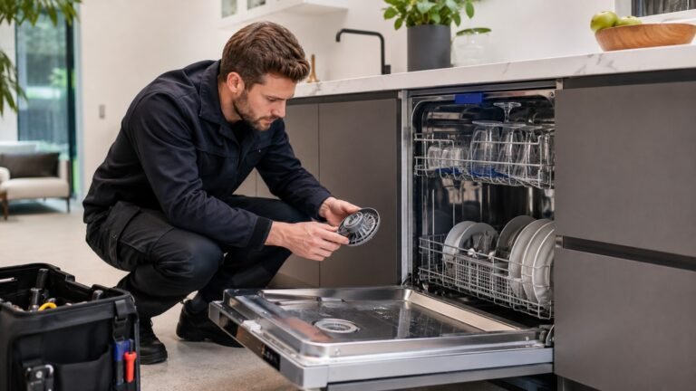 Technicus repareert een vaatwasser, controleert het filter en onderdelen met gereedschap naast zich.