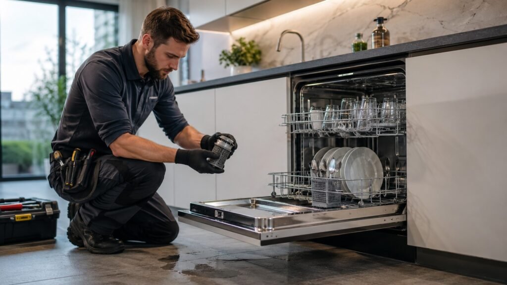 Technicus repareert een openstaande vaatwasser en controleert de filter terwijl hij gereedschap bij zich heeft.