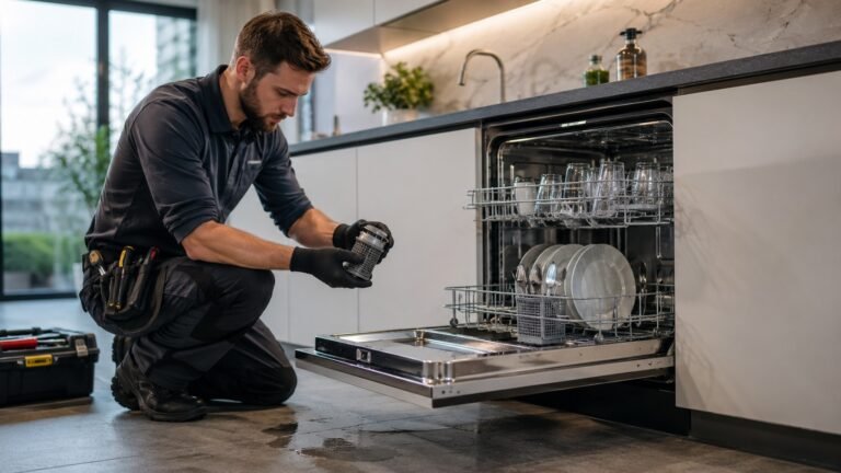 Technicus repareert een openstaande vaatwasser en controleert de filter terwijl hij gereedschap bij zich heeft.