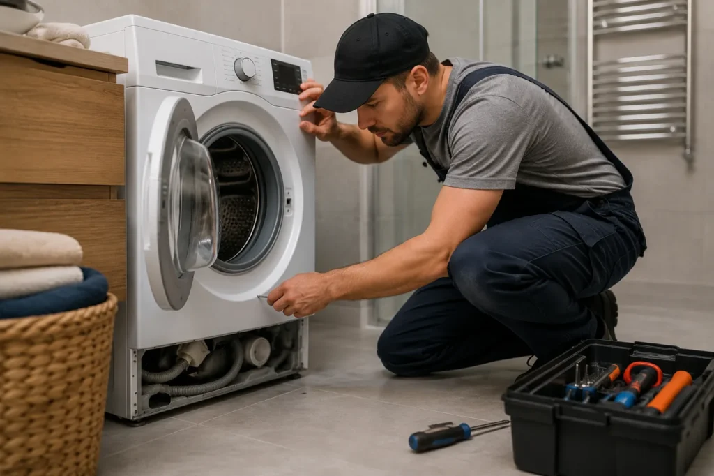 Monteur repareert een wasmachine tijdens wasmachine reparatie Den Haag