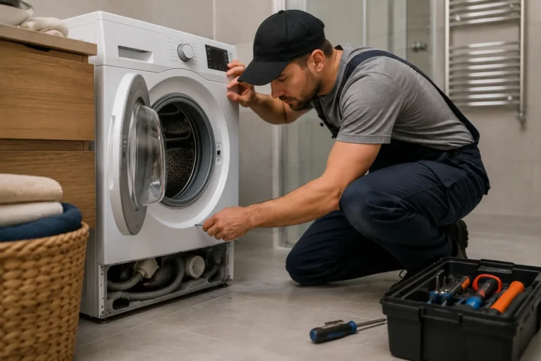 Monteur repareert een wasmachine tijdens wasmachine reparatie Den Haag