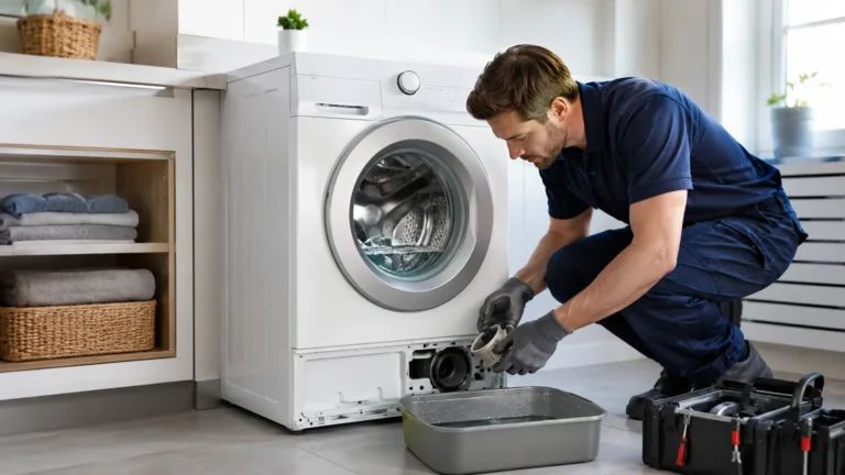 Monteur controleert de afvoer van een wasmachine die niet goed afpompt in Den Haag