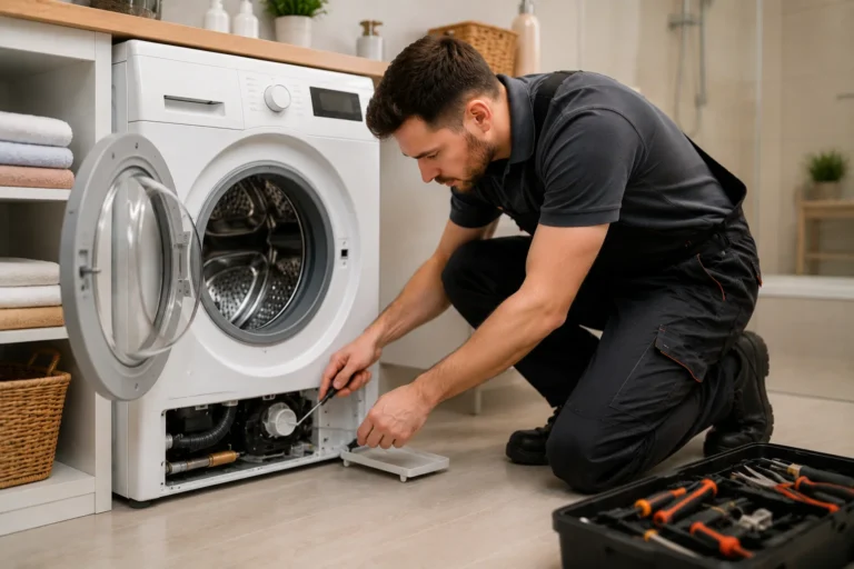 Monteur repareert een wasmachine met trommelproblemen in een moderne wasruimte