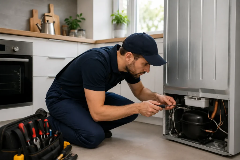 Monteur voert witgoed reparatie Den Haag uit aan een koelkast