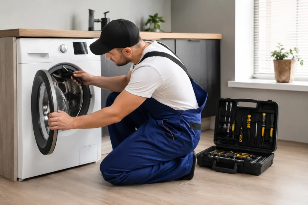 Monteur repareert wasmachine bij witgoed reparatie Den Haag