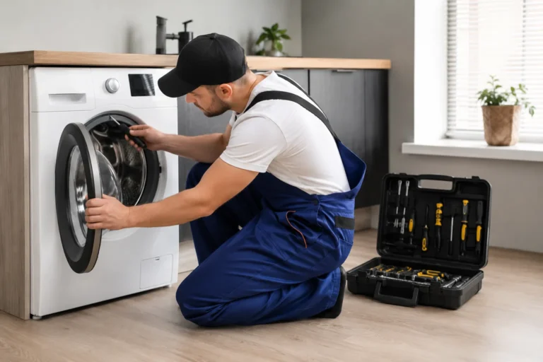 Monteur repareert wasmachine bij witgoed reparatie Den Haag