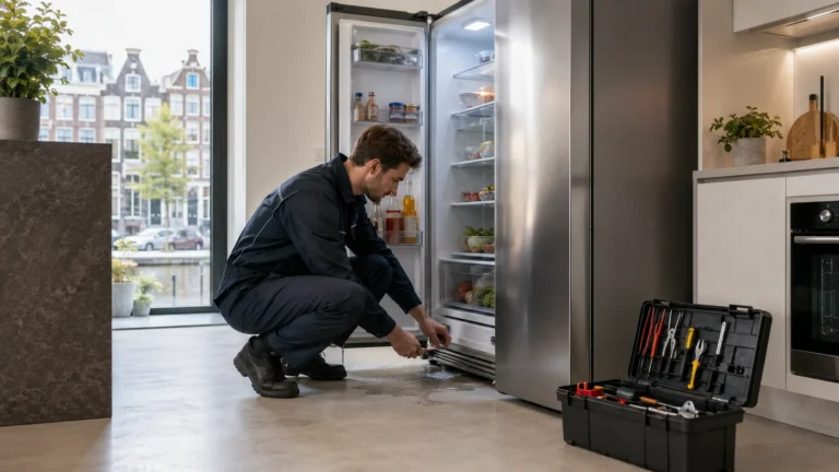 Monteur voert koelkast reparatie uit aan een koelkast met koelingsproblemen en lekkage in een woning in Den Haag
