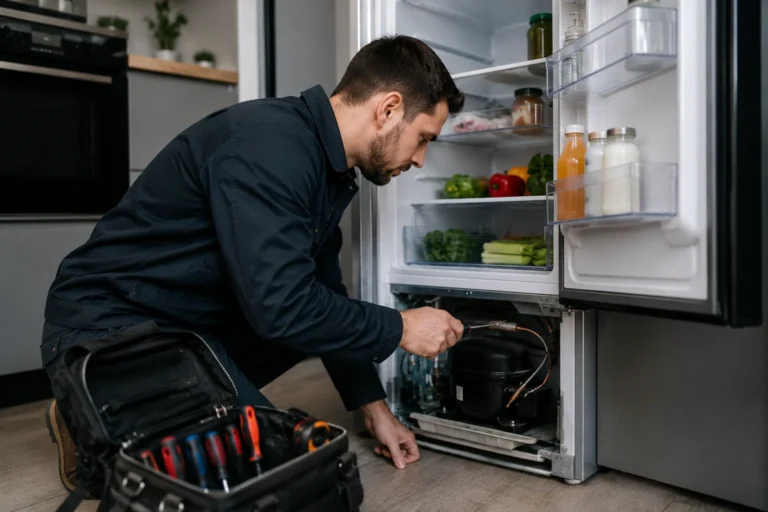 Monteur voert koelkast reparatie uit bij een koelkast met koelingsproblemen in Den Haag