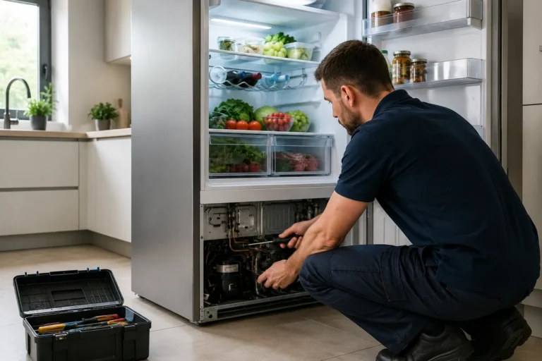 Monteur repareert koelkast in moderne keuken