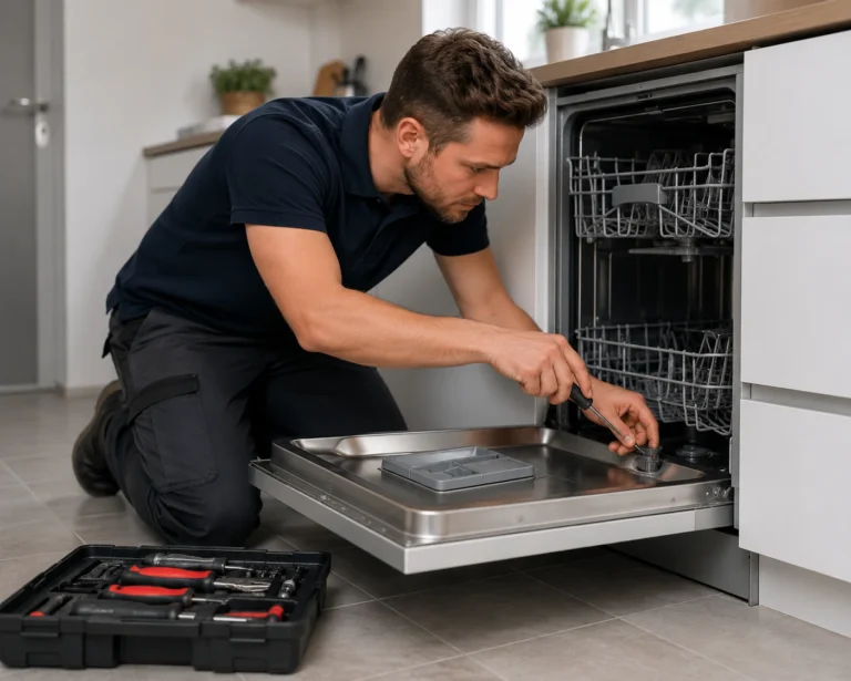 Monteur voert vaatwasser reparatie uit in een moderne keuken in Den Haag